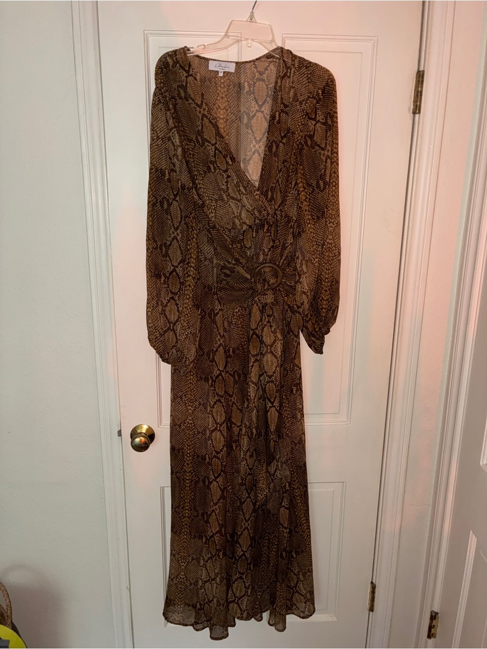 L'Academie Snake Print Wrap Midi Dress XL Brown Long Sleeve Buckle
